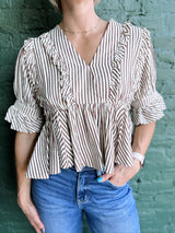 Cocoa Striped Ruffle Hem Top