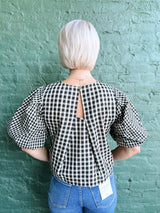 Black Plaid Top With Back Pleated Detail