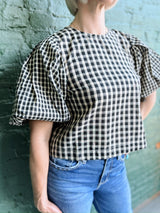 Black Plaid Top With Back Pleated Detail