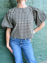 Black Plaid Top With Back Pleated Detail
