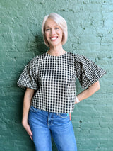 Black Plaid Top With Back Pleated Detail