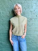 Mock Neck Button Front Cap Sleeve Sweater