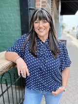 Curvy Navy Short puff Sleeve Polka Dot Bow Top
