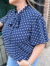Curvy Navy Short puff Sleeve Polka Dot Bow Top