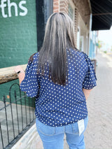 Curvy Navy Short puff Sleeve Polka Dot Bow Top