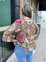Curvy Olive Paisley Print Split Neck Top