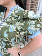 Curvy Olive Floral Short Puff Sleeve Top