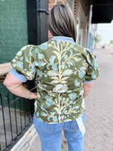 Curvy Olive Floral Short Puff Sleeve Top
