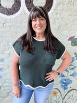 Curvy Forest Green Drop Shoulder Scalloped Hem Sweater