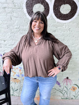 Curvy Brown Polka Dot V- Neck Bubble Hem Top