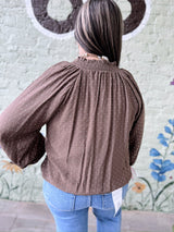 Curvy Brown Polka Dot V- Neck Bubble Hem Top