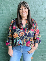 Curvy Navy Floral Printed Button Down Top
