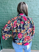 Curvy Navy Floral Printed Button Down Top