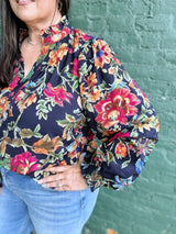Curvy Navy Floral Printed Button Down Top