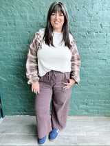 Curvy Brown Elastic Waist Twill Pants