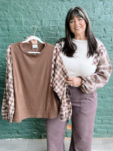 Curvy Soft Plaid Contrast Sleeve Top