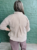 Curvy Brown Checked Collared 3/4 Button Sleeve