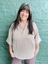 Curvy Brown Checked Collared 3/4 Button Sleeve