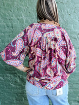 Curvy Plum Paisley Print Contrast Collar Top