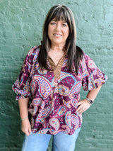 Curvy Plum Paisley Print Contrast Collar Top