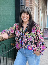Curvy Black Floral Ruffle Detail Button Down Top