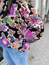 Curvy Black Floral Ruffle Detail Button Down Top