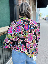 Curvy Black Floral Ruffle Detail Button Down Top