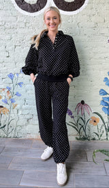 Black Quarter Zip Pullover With Polka Dots