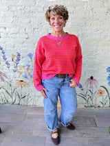 Hot Pink Stripe V Stitch Sweater