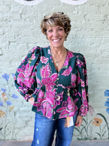 Green Floral V Neck Button front Top