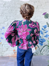 Green Floral V Neck Button front Top