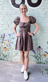Dark Brown Ditsy Floral Puff Sleeve Dress