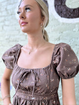 Dark Brown Ditsy Floral Puff Sleeve Dress