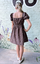 Dark Brown Ditsy Floral Puff Sleeve Dress