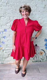 Red Textured Bell Sleeve Short Dress