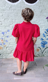 Red Textured Bell Sleeve Short Dress