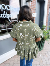 Olive Floral Printed Cotton Twill Top