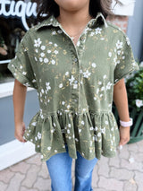 Olive Floral Printed Cotton Twill Top