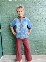 Denim Polka Dot Dolman Sleeve Top