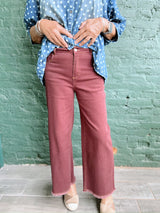Brown Self Fray Bottom Washed Pants