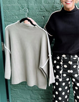 Olive 3/4 Sleeve Mock Neck Trimmed Sweater