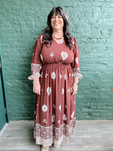 Curvy Brick Long Sleeve Border Print Dress