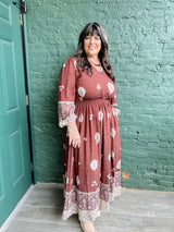 Curvy Brick Long Sleeve Border Print Dress