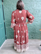 Curvy Brick Long Sleeve Border Print Dress
