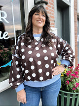 Curvy Brown Polka Dot Blue Trim Pullover