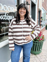 Curvy Cream Fine Stripe Knit Cardigan