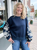 Navy Long Sleeve Embroidery Scuba Top