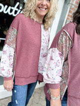 Mixed Fabric Floral Waffle Knit Top