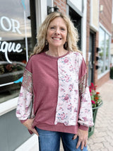 Mixed Fabric Floral Waffle Knit Top