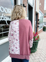 Mixed Fabric Floral Waffle Knit Top